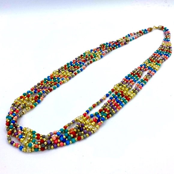 Boho Multi Colored , Multi Layered, Gold Toned Small Beaded Necklace 30” Long - Picture 2 of 6